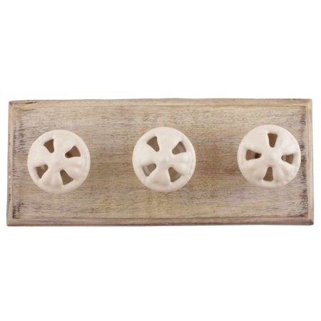 White Flower Ceramic Wooden Hooks 